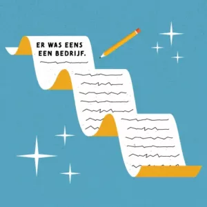 Illustratie van een lang, golvend stuk papier met daarop de tekst 'er was eens een bedrijf' en een potlood